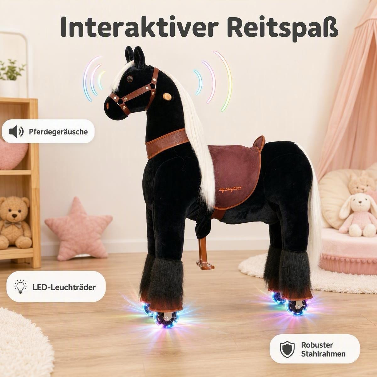 spielpferd schwarz/black xxl amadeaus auf rollen mit reit und lenkfunktion